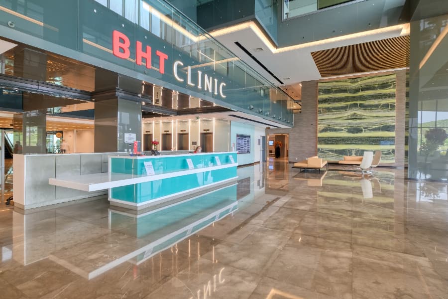 Main lobby reception desk with illuminated counter